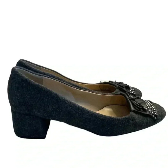 Karl Lagerfeld wool and tassled block heel rounded toe office career pumps gray - Picture 3 of 10